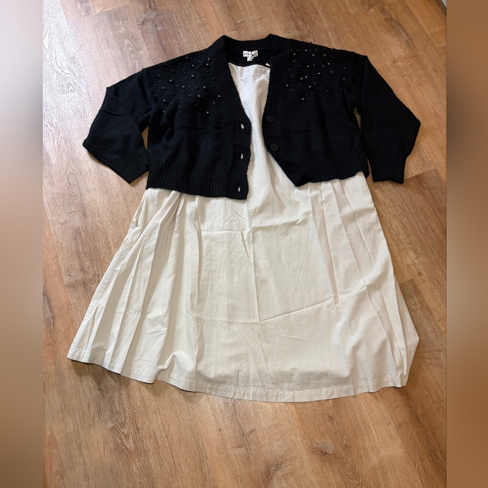 Women's Embellished Cardigan - Ava & Viv Black 1X Black And Cream Linen Dress 1X